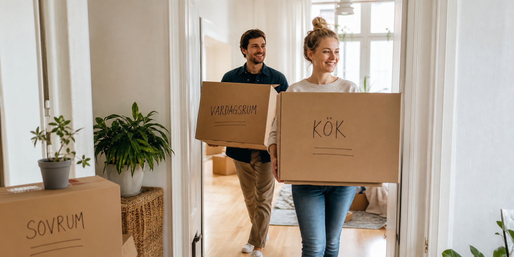 Par flyttar in tillsammans med flyttkartonger när de blir sambo