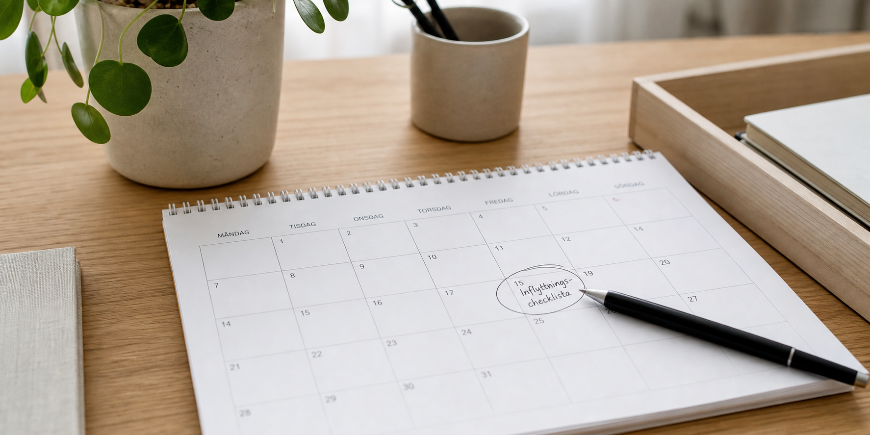 Inflyttningschecklista planerad på kalender med papper och penna