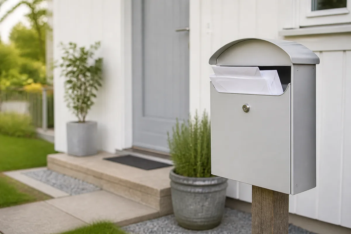 Postlåda vid en husentré där posten levereras till adressen